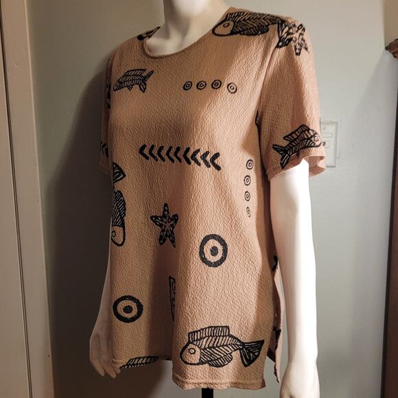 Vtg 80s Vejaiz Crinkle Gauze Shirt Fish Print Shoulder Pads Oversized Boxy Top - Picture 8 of 10